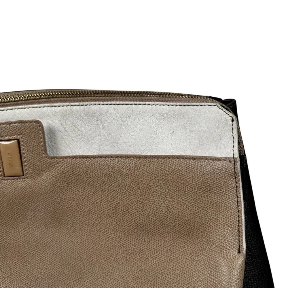 Furla Top Handle Handbag Italian Leather Purse Taupe‎ Cream Brown